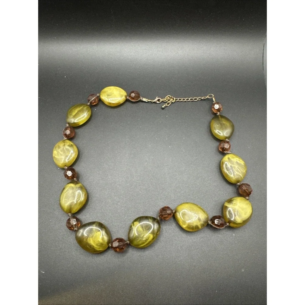 Chunky‎ Yellow Marbled Resin & Amber Glass Beaded Statement Necklace 24 Inch